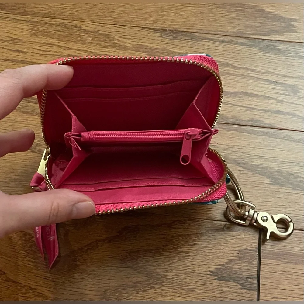 Simply Southern Palm Leaf Quilted Zip Wallet Keychain ID Case Green Pink‎